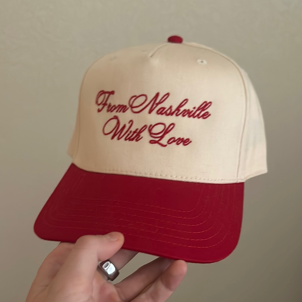 Cream and Red Trucker Hat with Embroidered Text